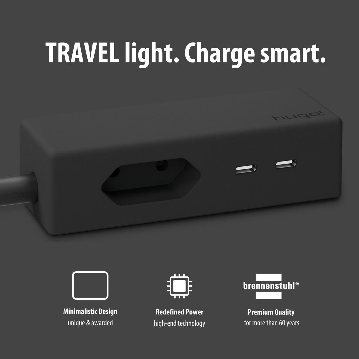 Frontansicht des hugo! TRAVEL mit Euro-Steckdose und zwei USB C Anschlüssen.