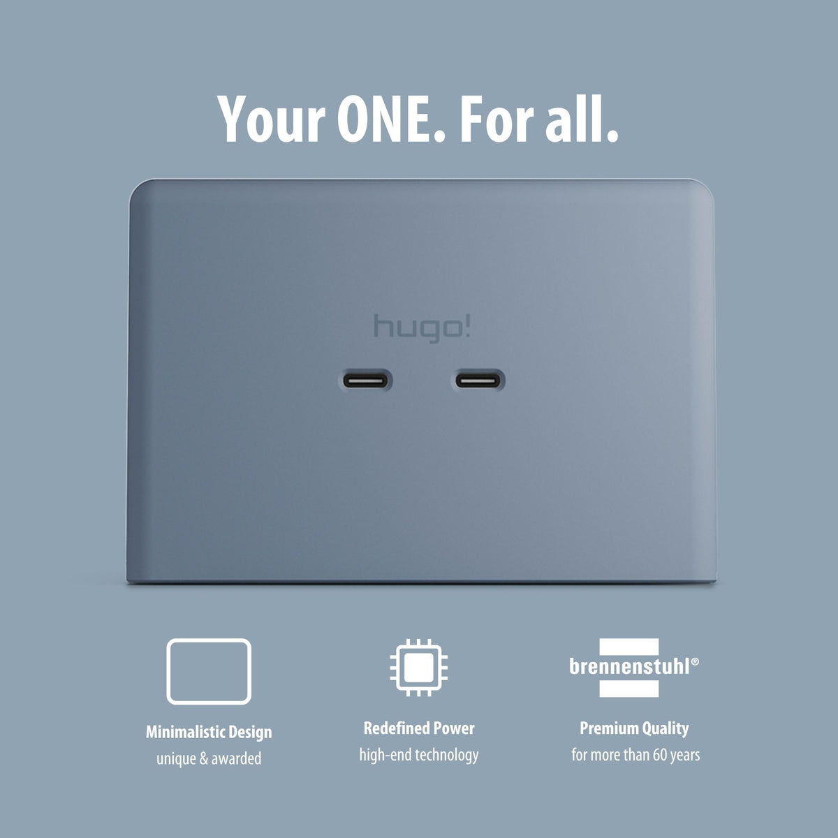 Frontansicht des blauen hugo! ONE mit zwei USB C Anschlüssen.