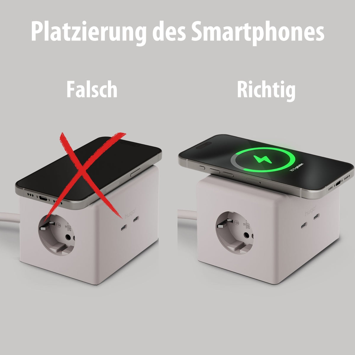 Richtige und falsche Smartphone-Position beim kabellosen Laden.
