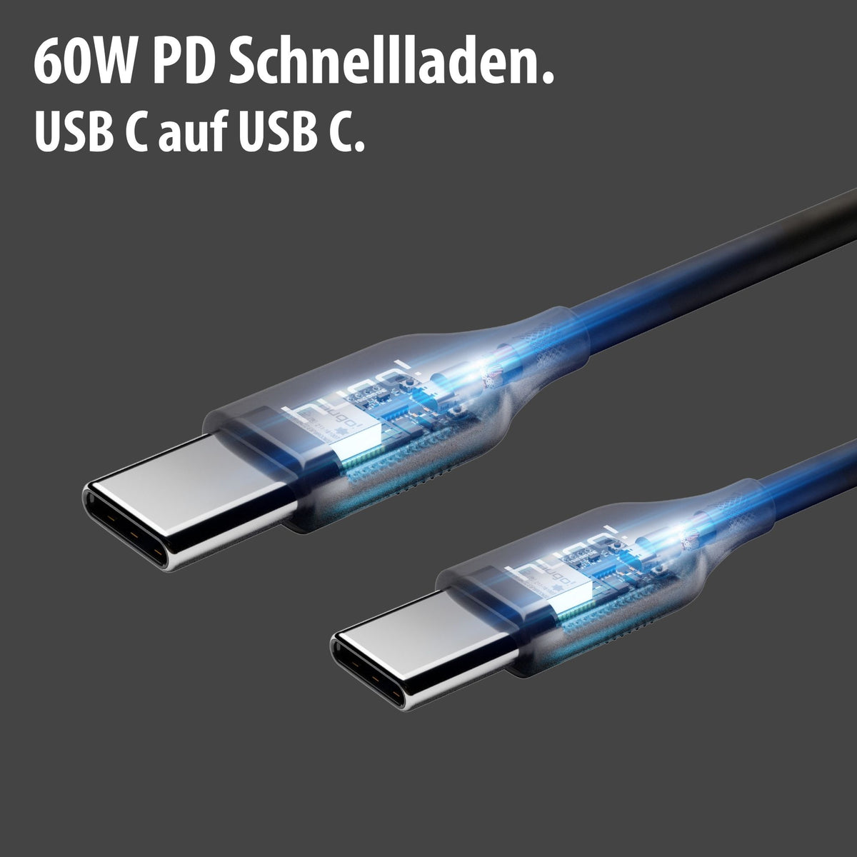 hugo! CABLE zwischen Laptop und Smartphone mit 2 m Kabellänge.