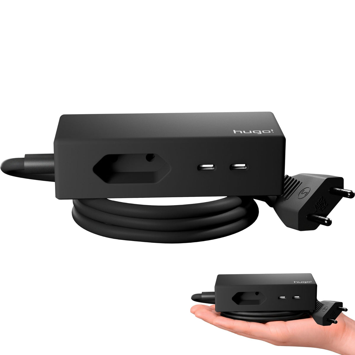 Kompakter hugo! TRAVEL mit Euro-Steckdose, zwei USB C Anschlüssen und Kabel.