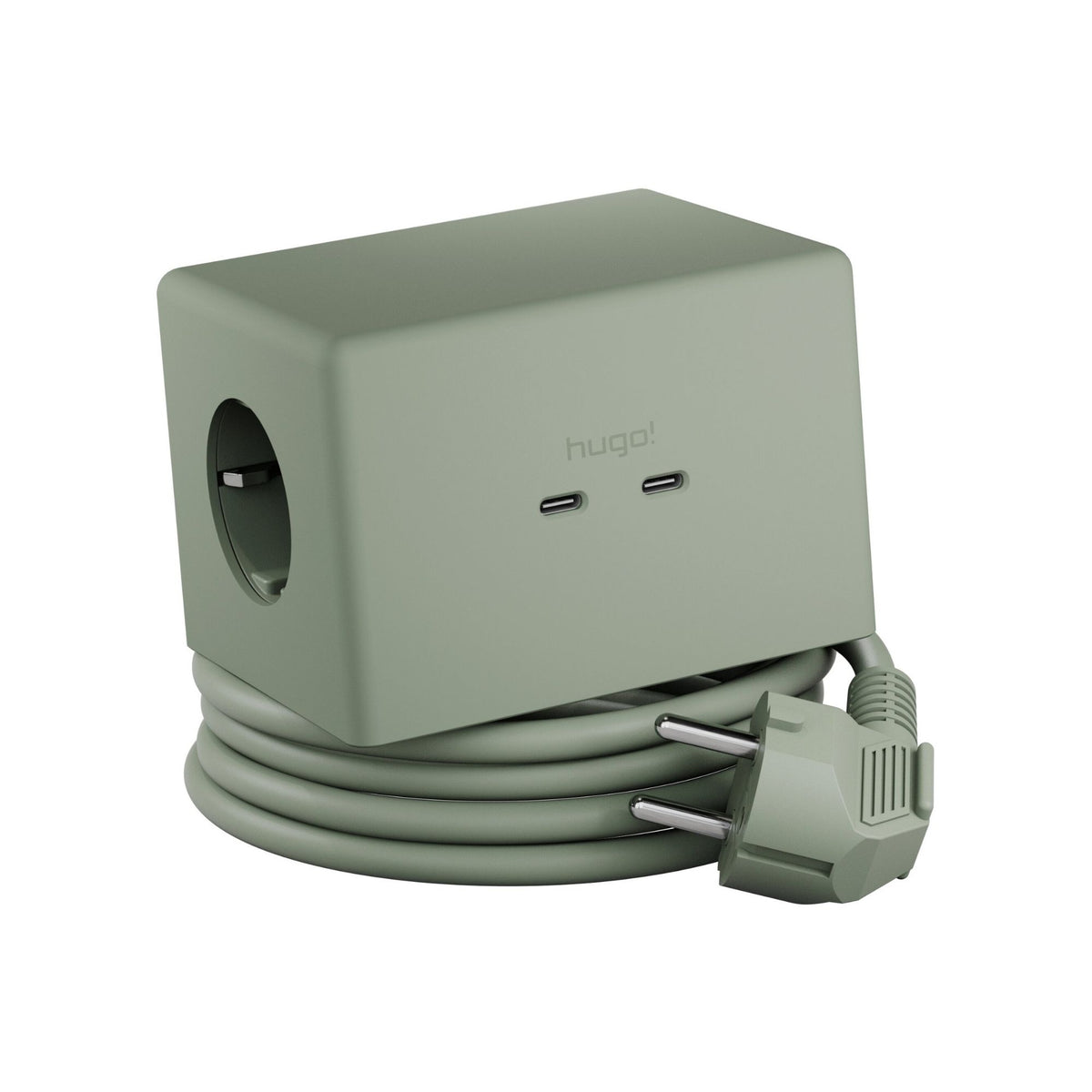 Mintgrüner hugo! ONE mit USB C Anschlüssen, Steckdose und Kabel.