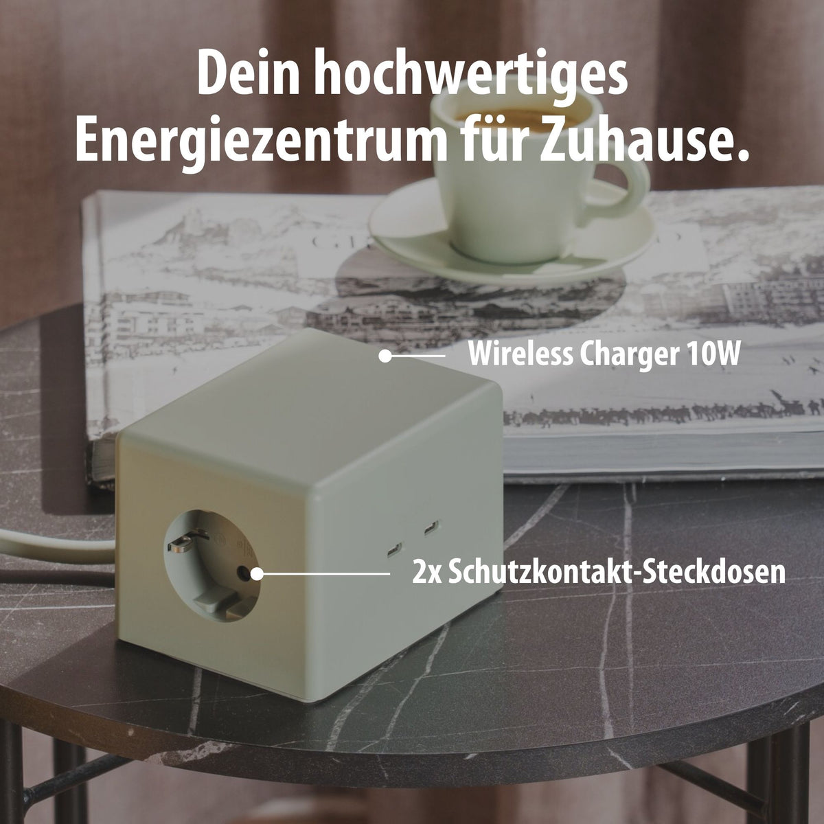 Mintgrüner hugo! ONE mit Wireless Charging und zwei Steckdosen.