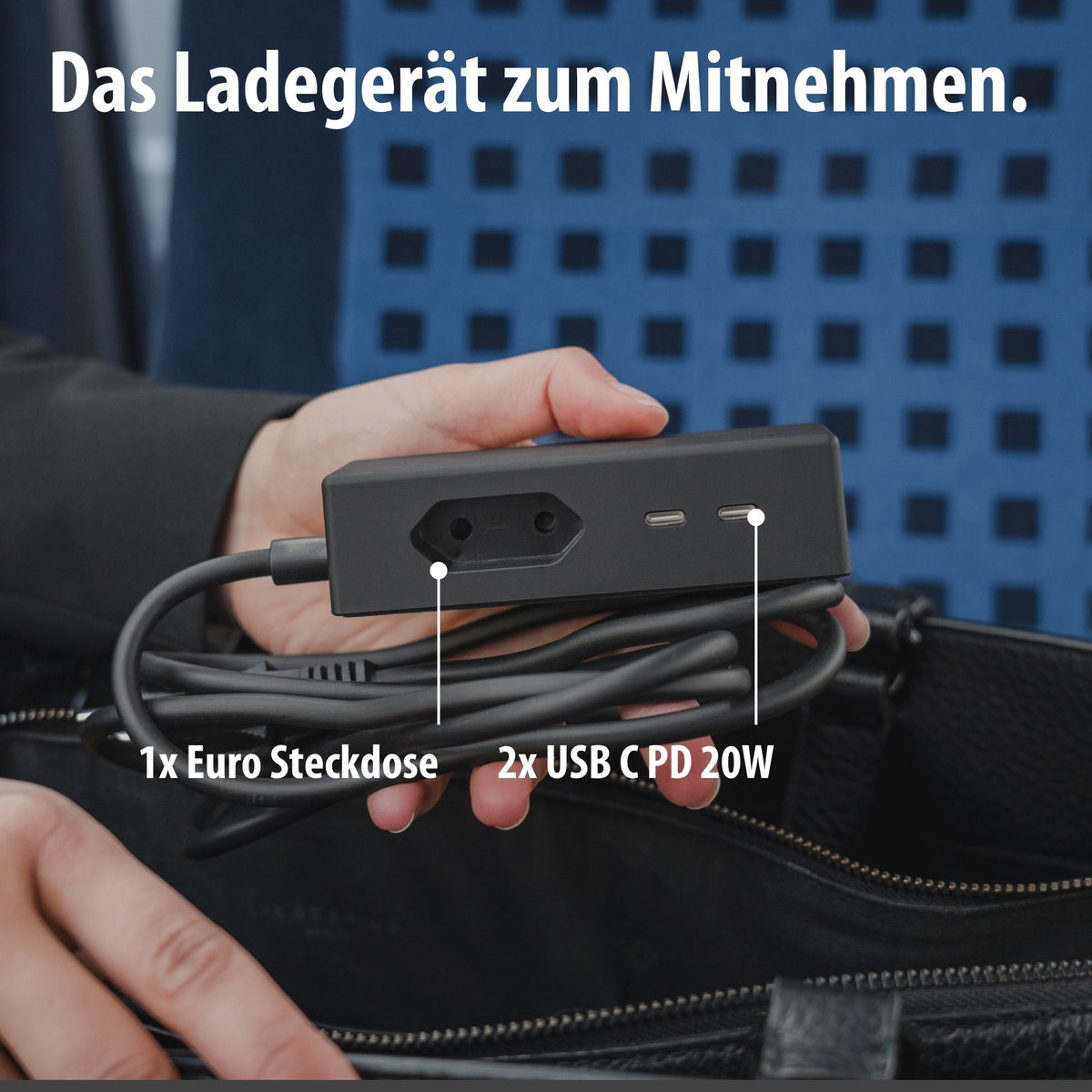hugo! TRAVEL mit Euro-Steckdose und zwei USB C PD Anschlüssen.