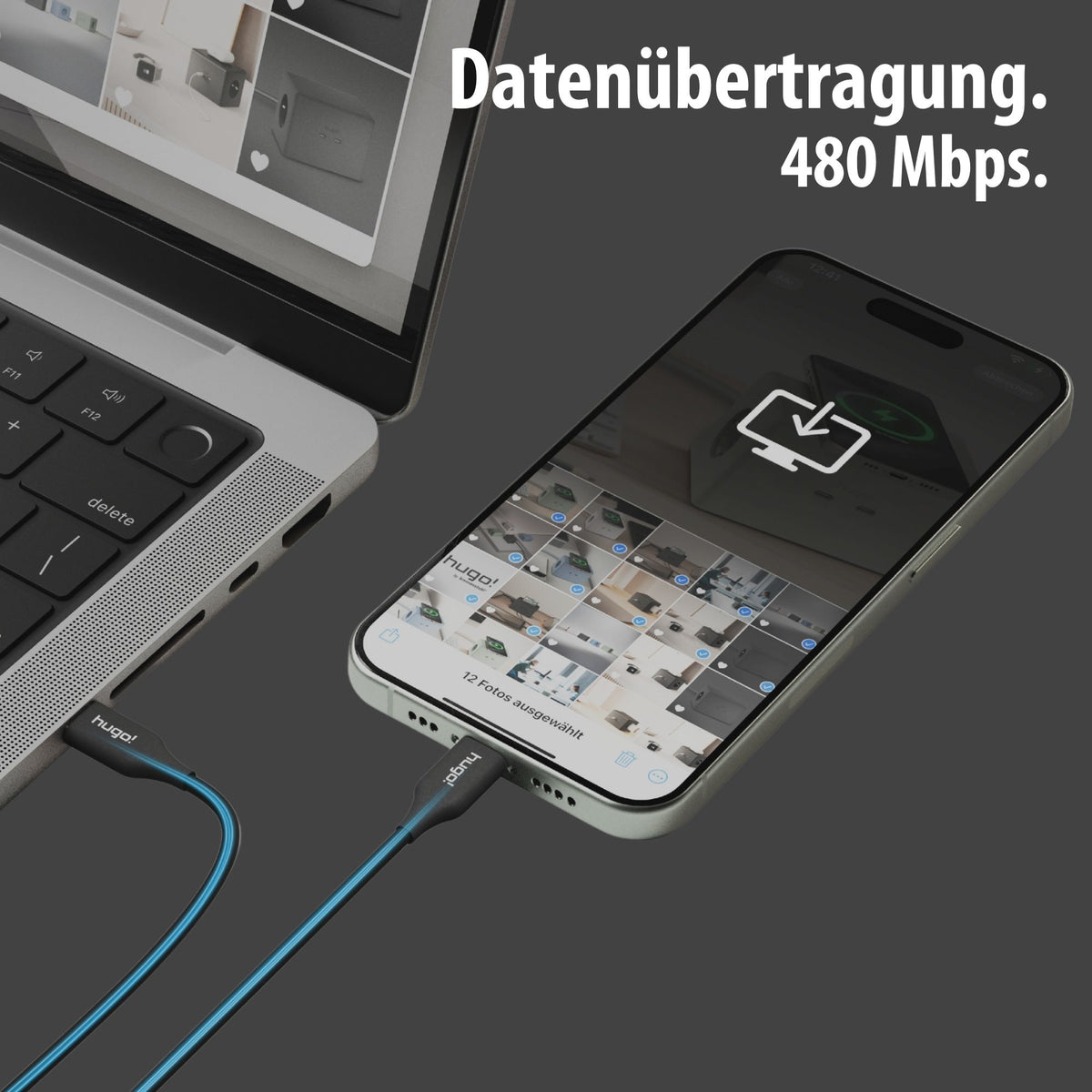 hugo! CABLE verbindet Smartphone und Laptop zur Datenübertragung mit 480 Mbps.