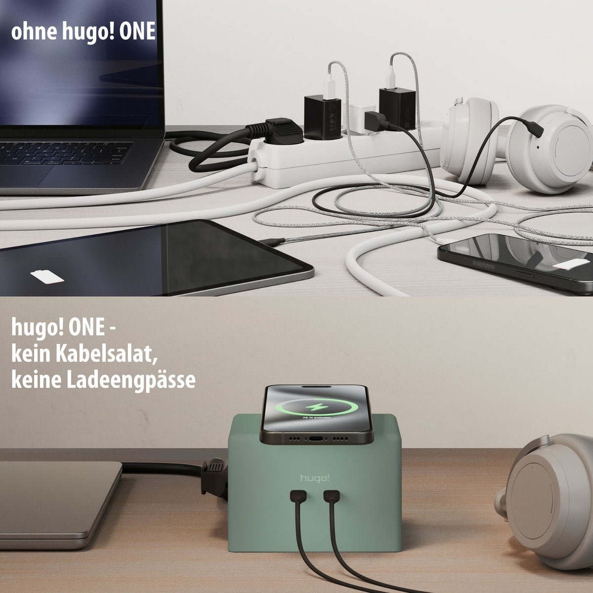 Vergleich von Kabelsalat und Arbeitsplatz mit hugo! ONE.