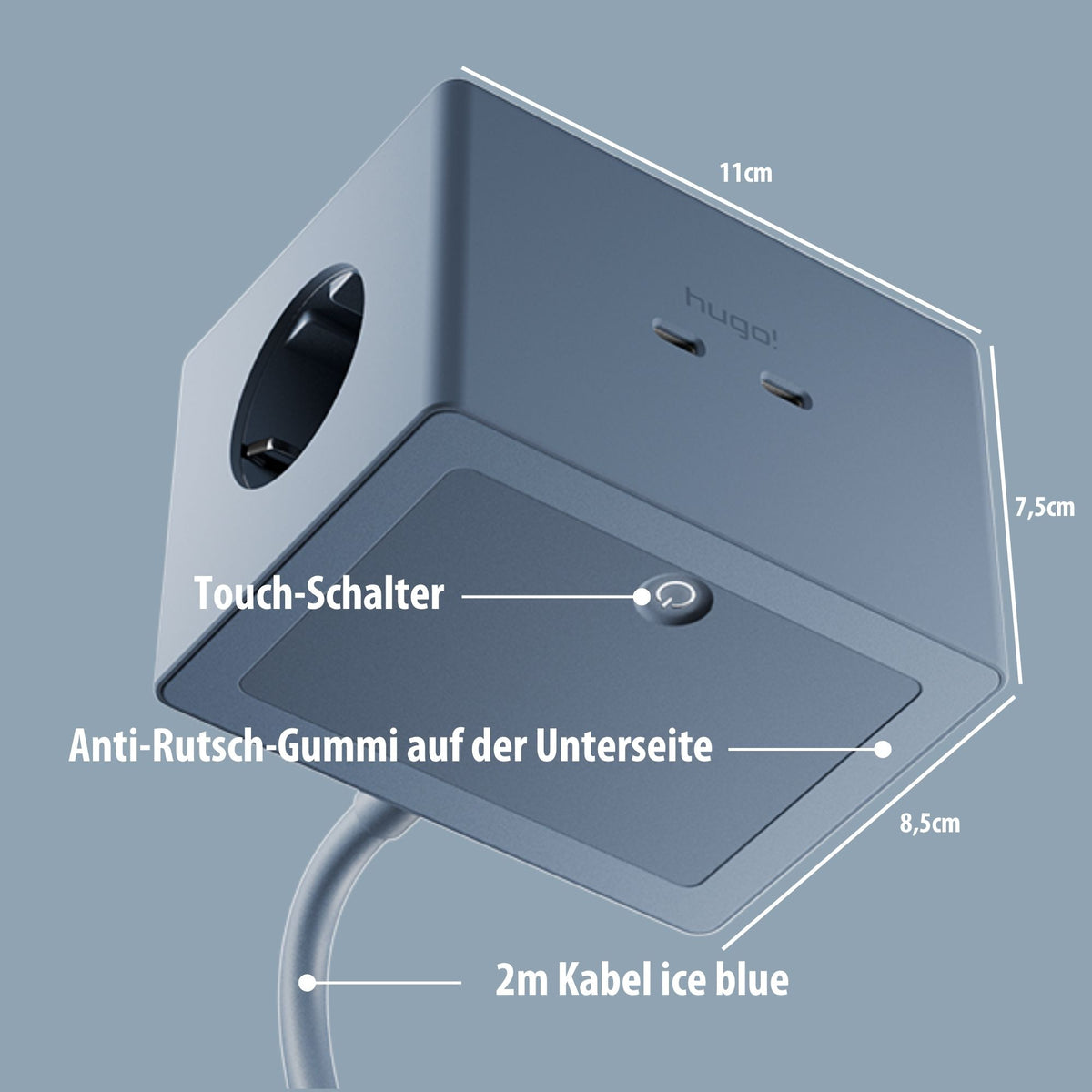 Unterseite mit Touch-Schalter, Anti-Rutsch-Fläche und Maßen.