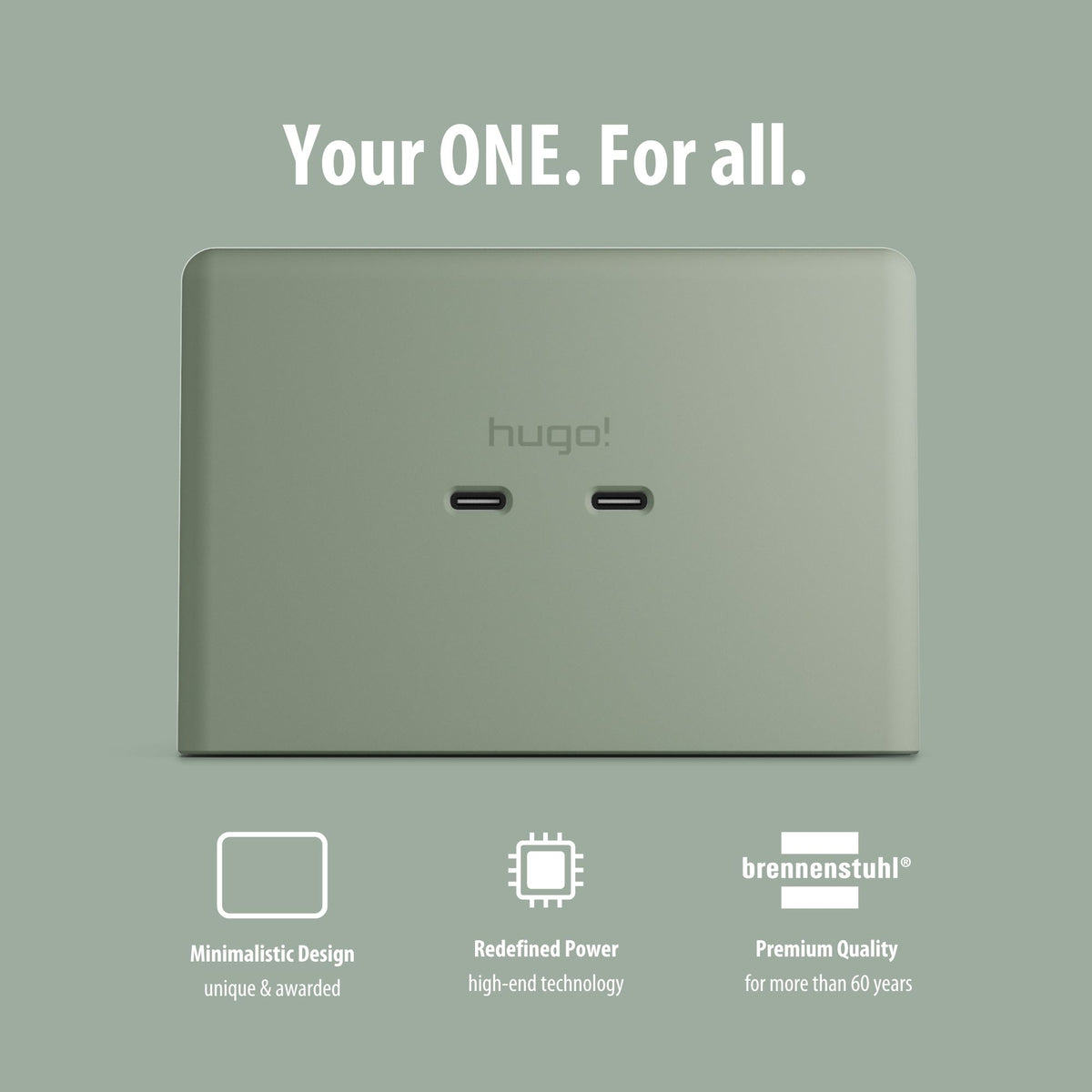 Frontansicht des mintgrünen hugo! ONE mit zwei USB C Anschlüssen.