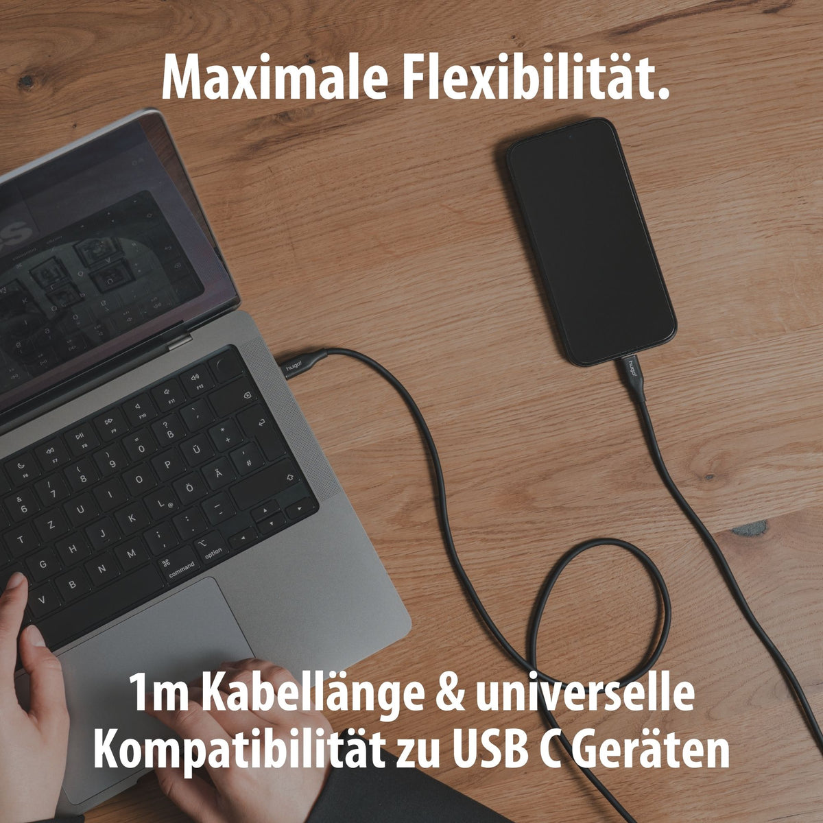 hugo! CABLE zwischen Laptop und Smartphone mit 2 m Kabellänge.
