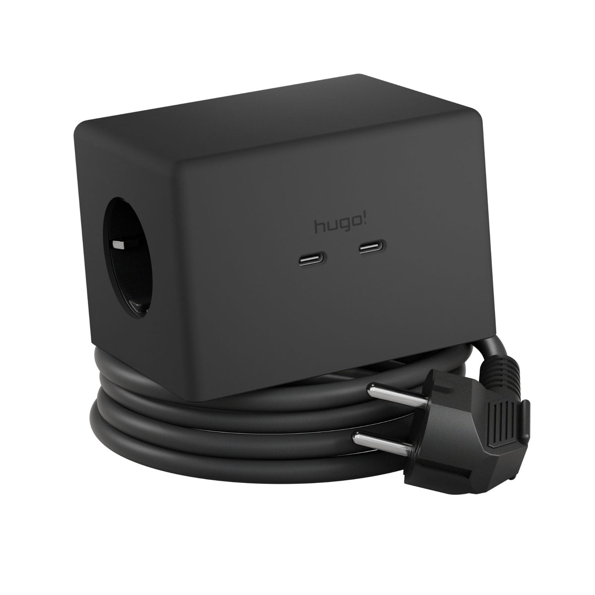 Schwarzer hugo! ONE mit USB C-Anschlüssen, Steckdose und Kabel.