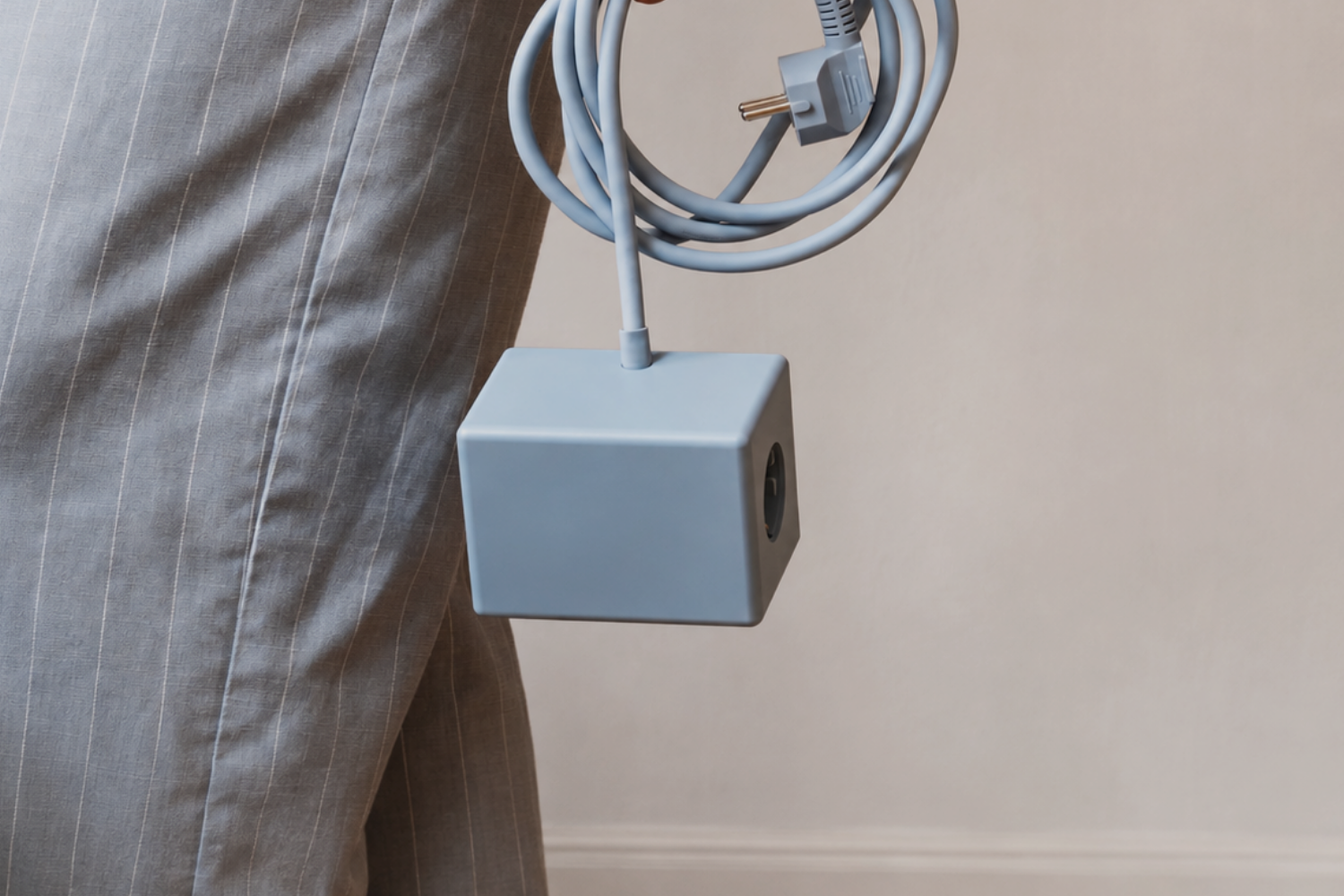 hugo! ONE in ice blue mit aufgewickeltem Kabel.